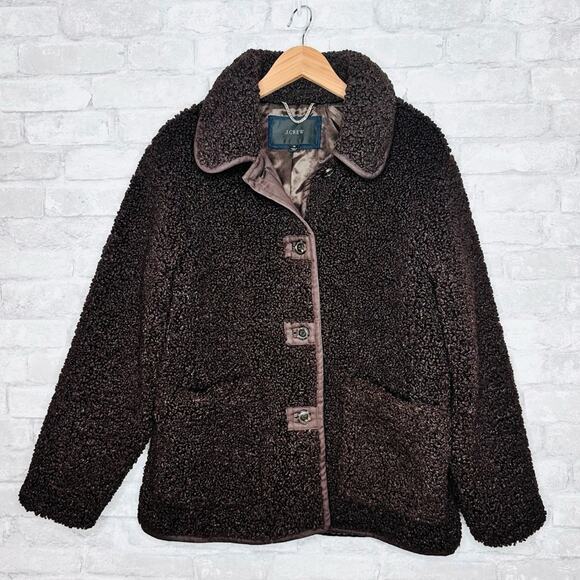 J. Crew Teddy Sherpa Coat Size Medium Chocolate Brown Button Front Collared - Picture 7 of 12